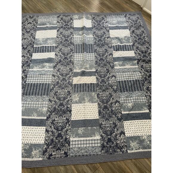 Country Living Quilt Denim Blue Patchwork Queen Quilt Set Cotton 80x84 (2) Shams - Picture 3 of 14